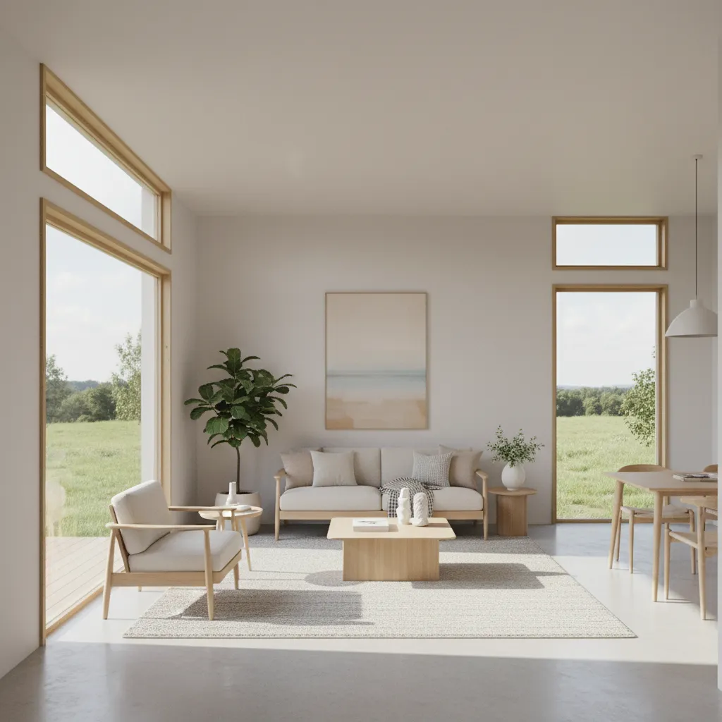 Minimalist living room with beige sofa, wooden coffee table, armchair, dining set, and large windows