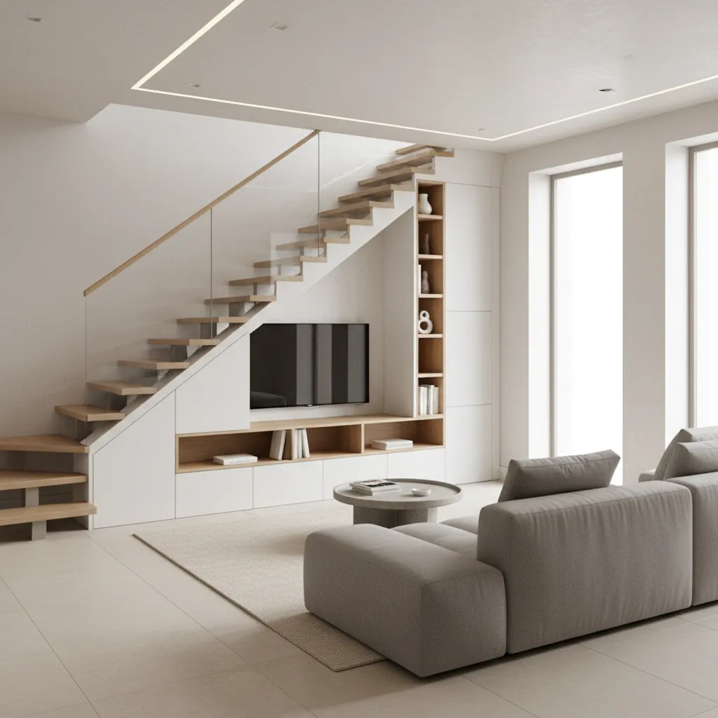 Thiết kế nội thất nhà nhỏ tối ưu không gian với cầu thang và phòng khách