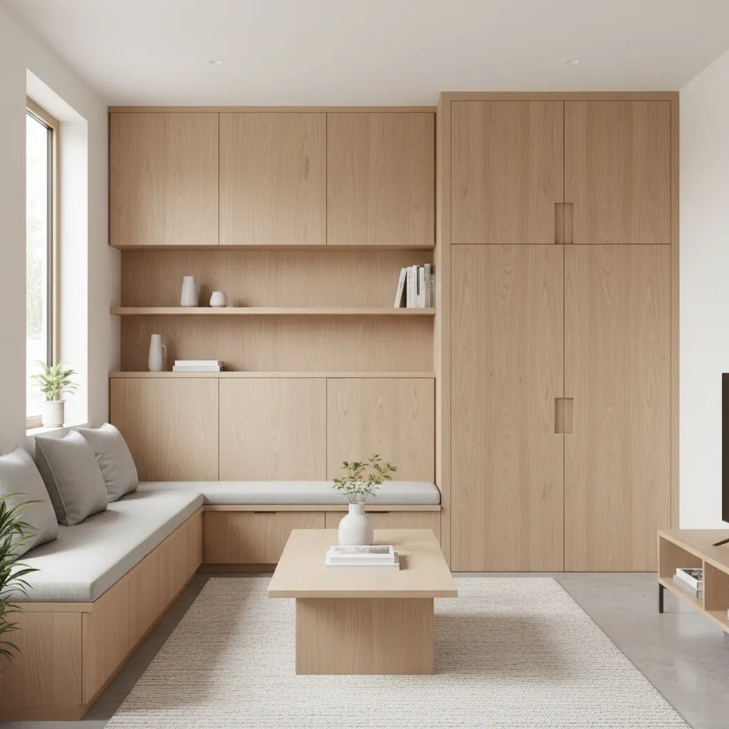 Minimalist room with wooden wall panel cabinets, built-in bench seating, coffee table, and light rug