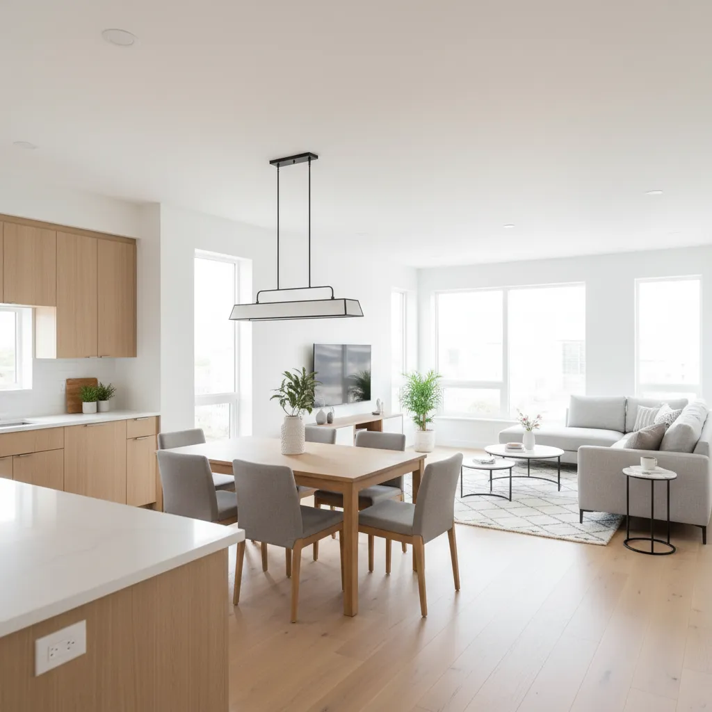 Modern open plan kitchen living area with wooden dining table grey sofa and wood floors