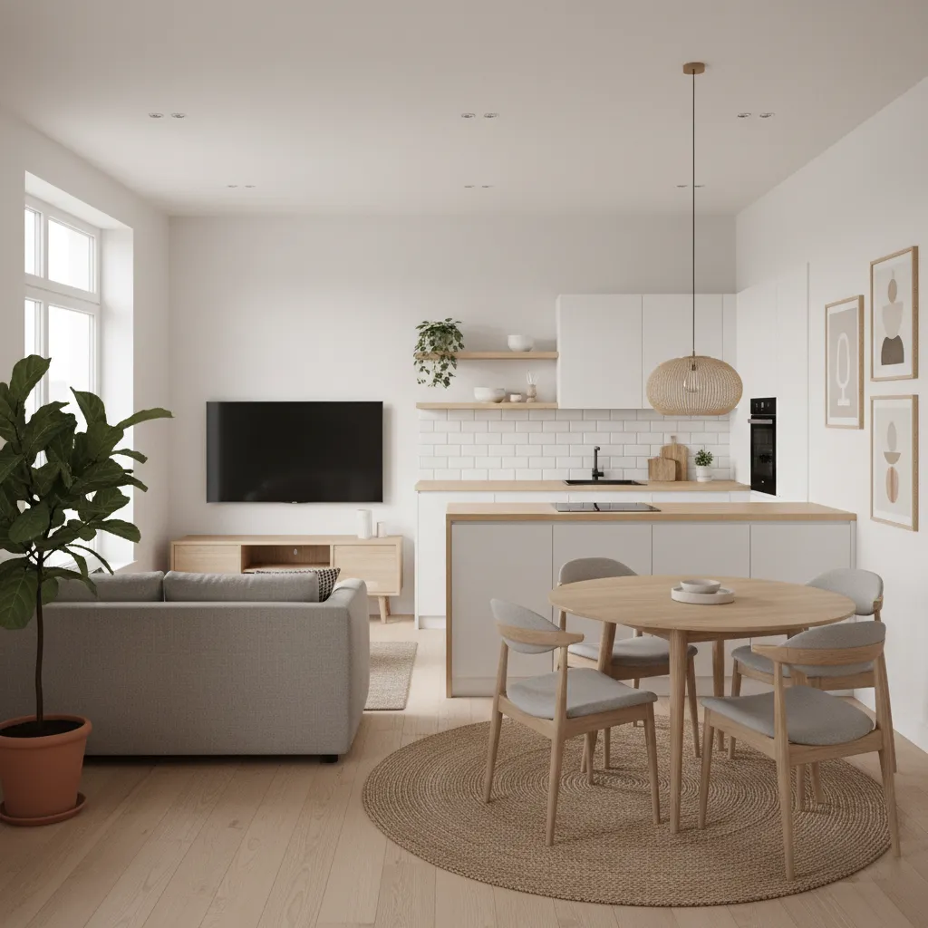 Open plan living room with grey sofa, wooden dining table, white kitchen and wall TV