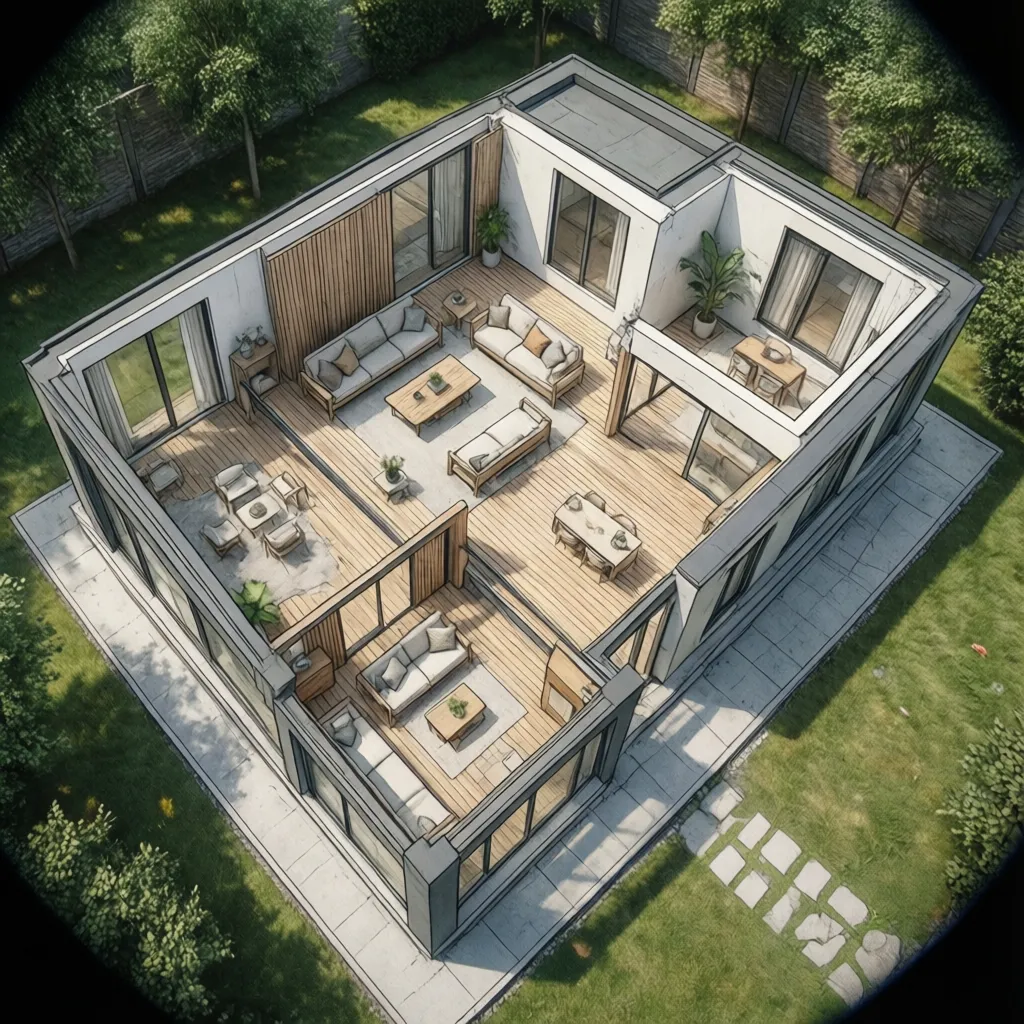 Plano de casa pequeña en forma de L con patio interior