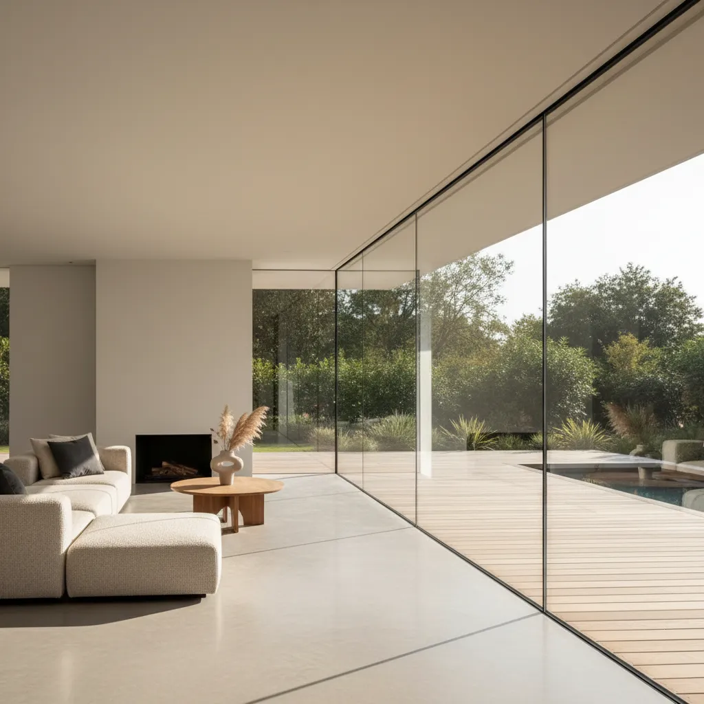 Minimalist living room with white sofa wooden coffee table floor to ceiling windows and outdoor pool
