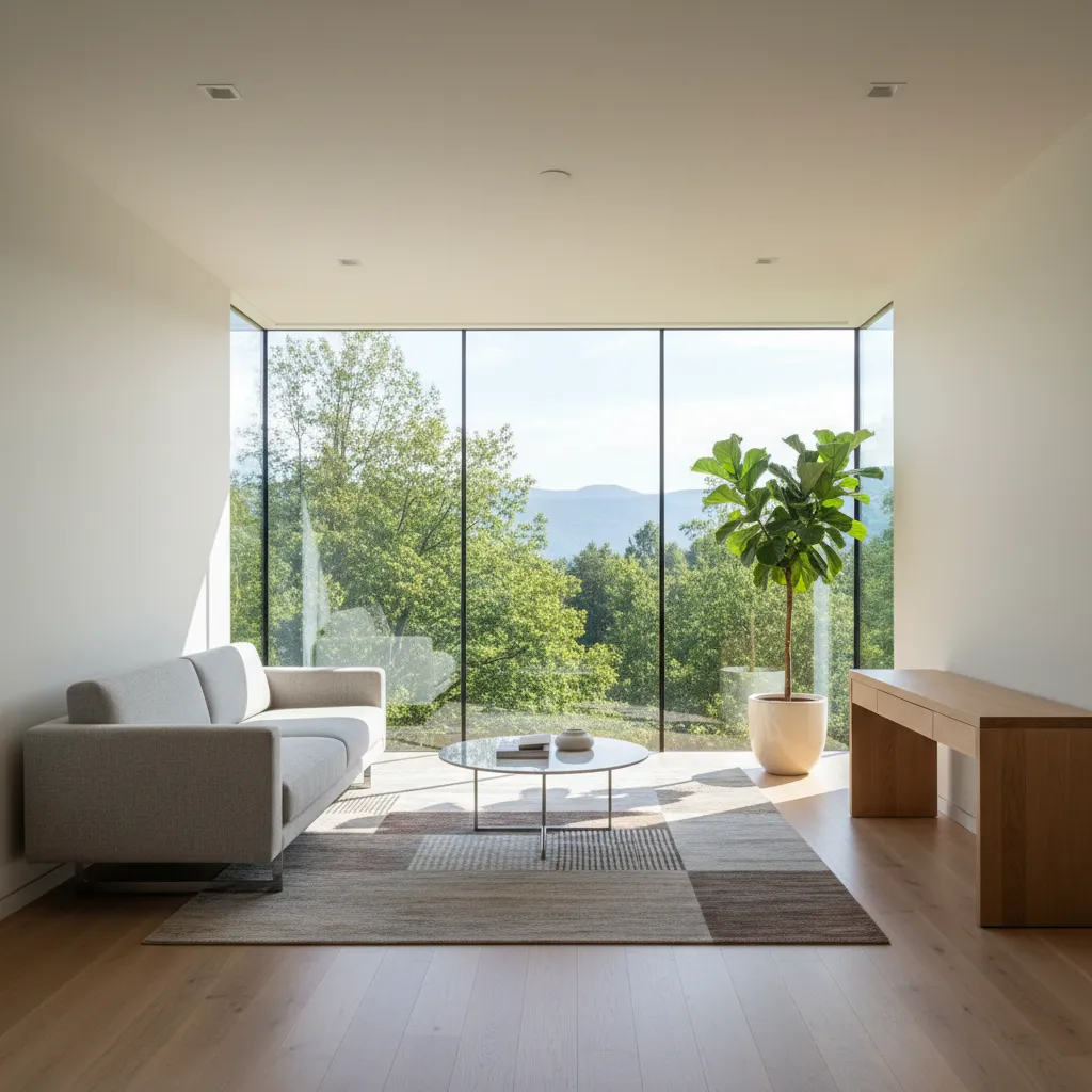 Modern living room featuring grey sofa round coffee table green plant wood desk viewing trees