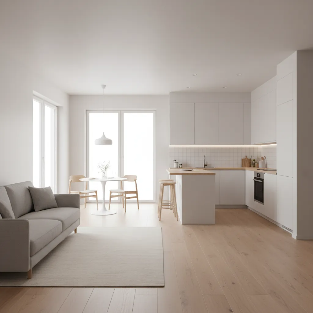 Modern interior design drawing of open living room with grey sofa and white kitchen cabinets