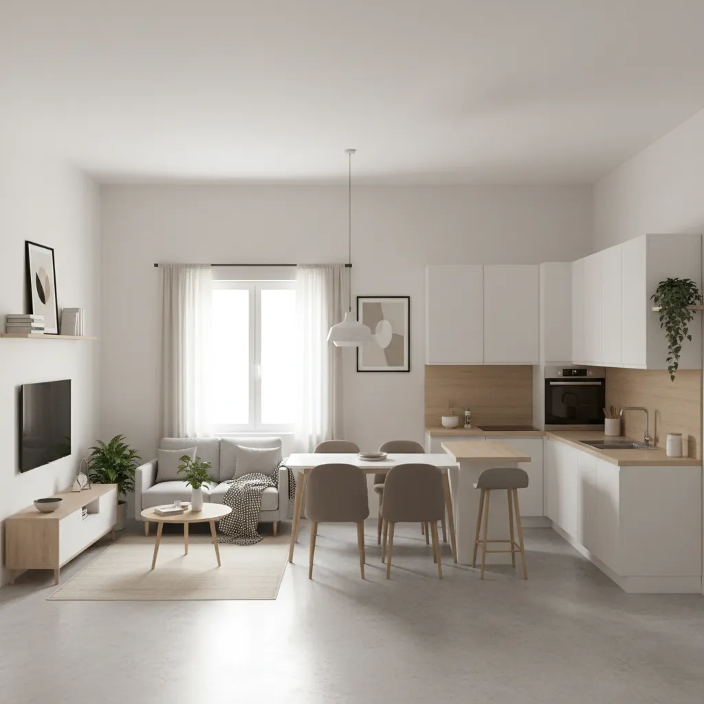 zoned layout of small house showing living kitchen and dining areas