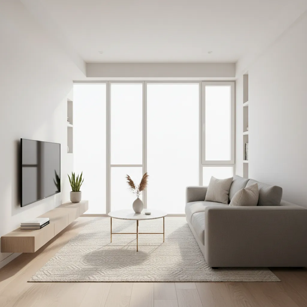 Interior luminoso de casa pequeña con grandes ventanas