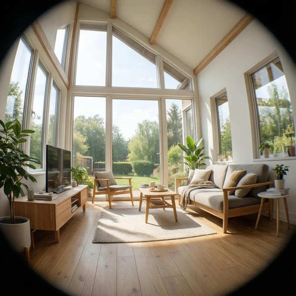 Rumah kecil dengan jendela besar dan pencahayaan alami