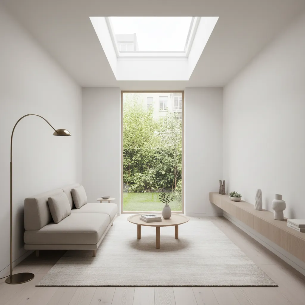 Minimalist living room with beige sofa round coffee table floor lamp and large roof window