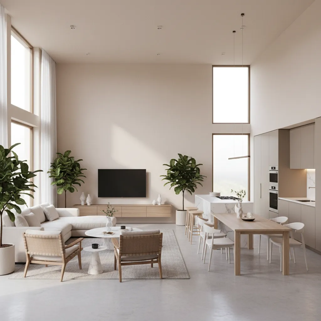 Modern living room with white sofa, TV, plants, dining table, and bright ceiling light fixtures
