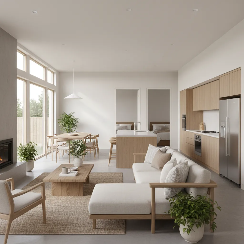 Sala y cocina integradas en una casa pequeña moderna