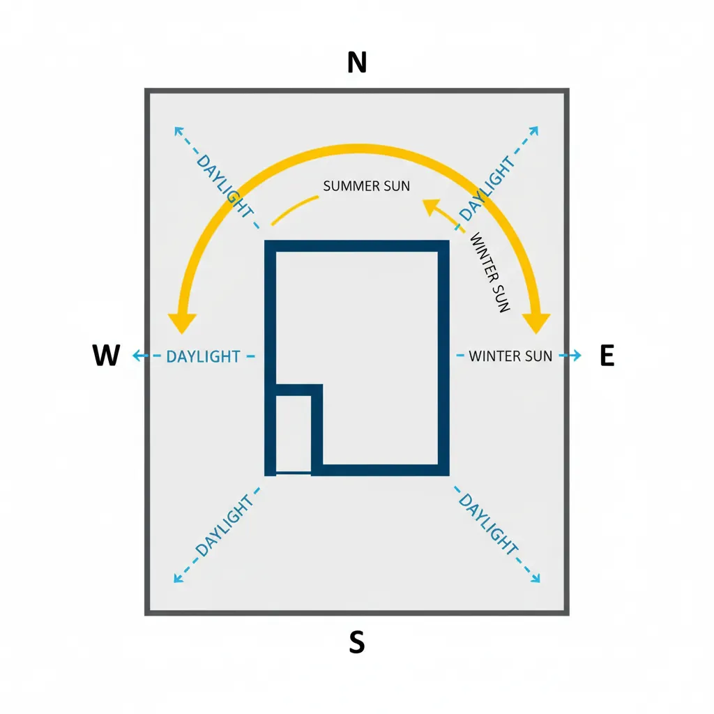 diagram showing house orientation to sunlight for small home design
