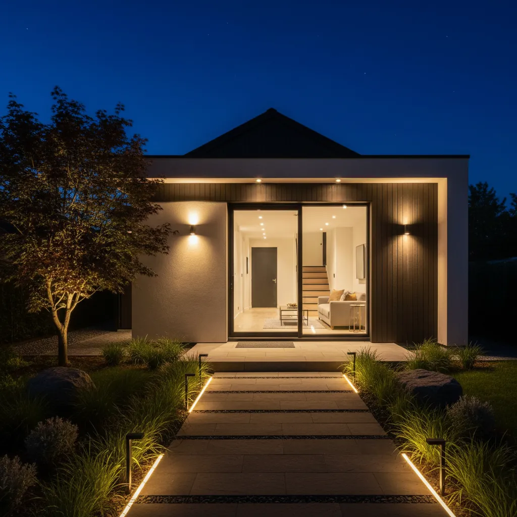 Fachada pequeña con iluminación exterior moderna por la noche