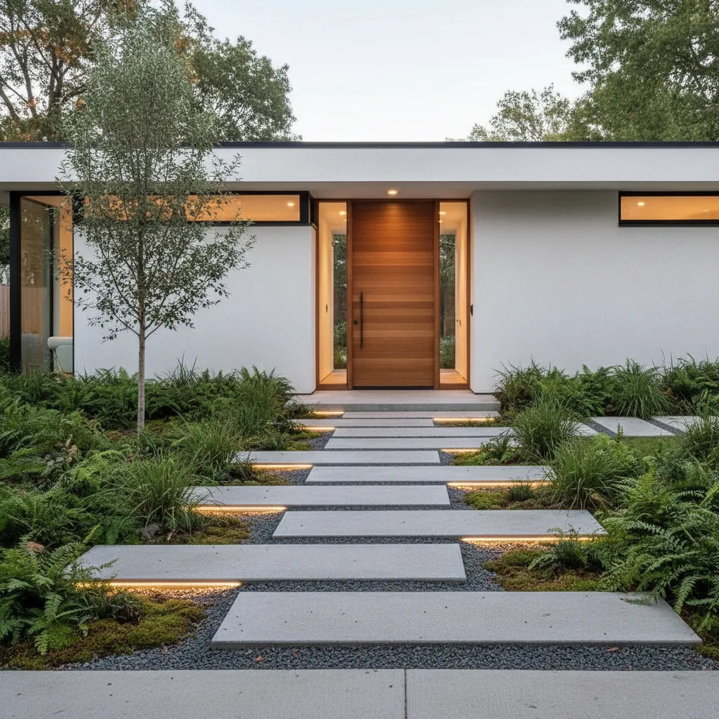 Banqueta moderna diseñada para una casa pequeña con vegetación lateral