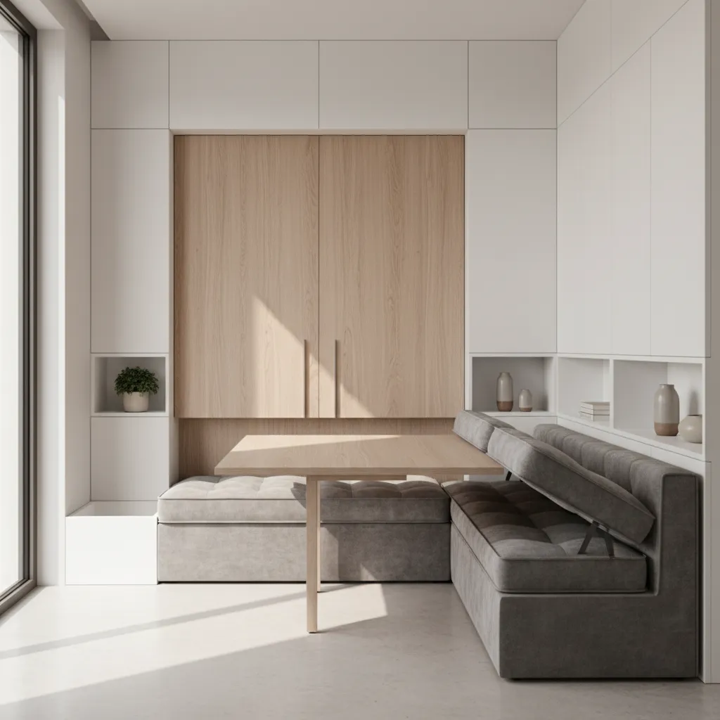 Multi functional room with grey corner sofa wooden table white cabinets and sunlight from window