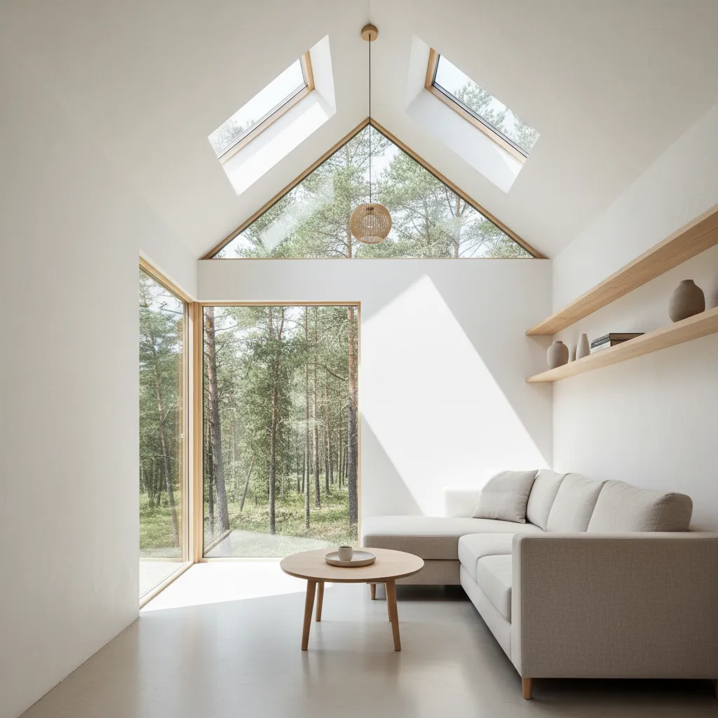 Bright living room with white sofa wooden table large windows forest view and roof windows