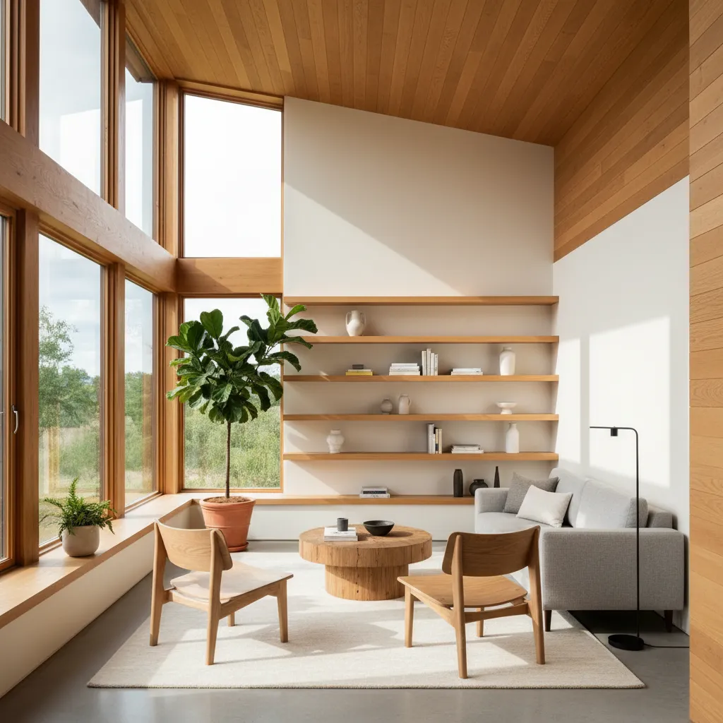 Interior luminoso de una casa pequeña con ventanas grandes