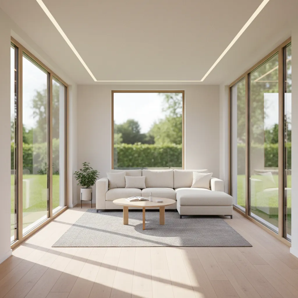 Small house interior with large windows maximizing natural light