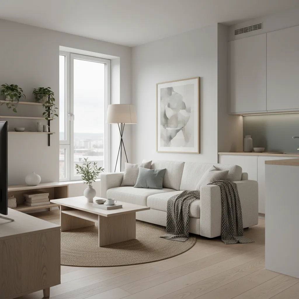 Small living room with white sofa, wooden coffee table, round rug, floor lamp, and kitchen