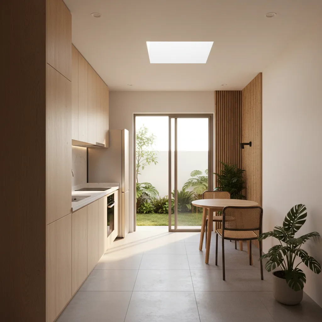 Bếp mở trong nhà 5x8m giúp không gian rộng hơn