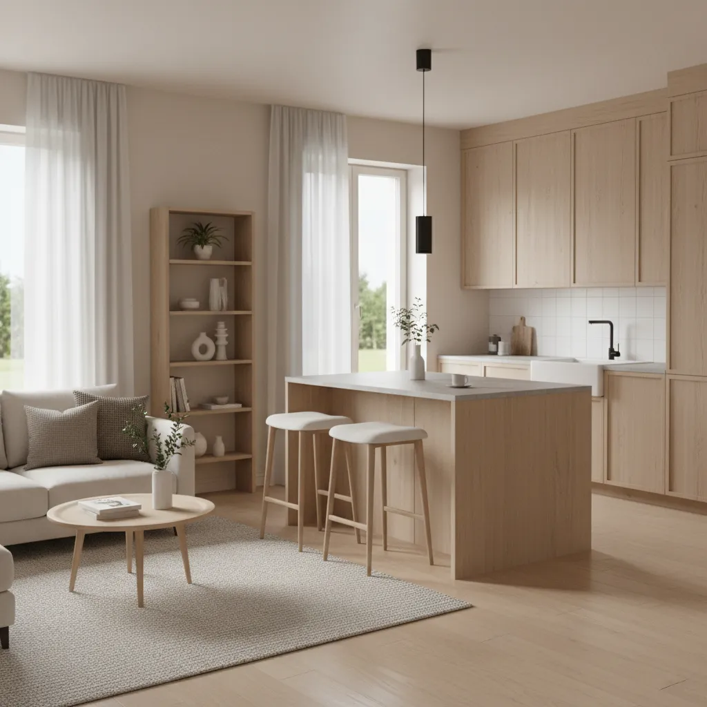 Open kitchen living room with wood cabinets island stools sofa rug and round coffee table