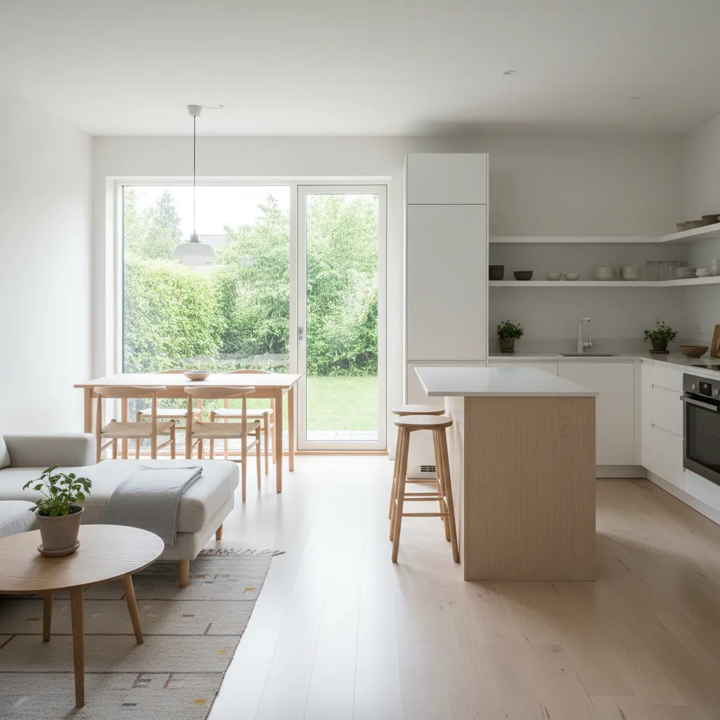 Interior de casa pequeña con salón, comedor y cocina en espacio abierto