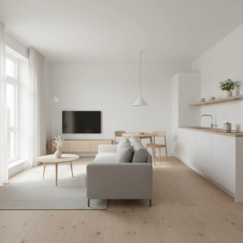 Diseño interior de casa pequeña con salón y cocina integrados