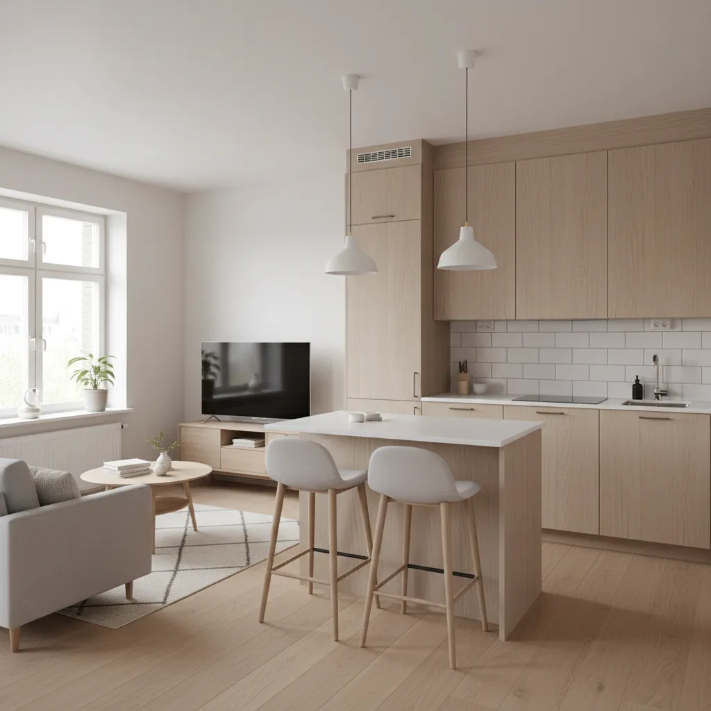 Distribución abierta en una casa pequeña con cocina y salón integrados