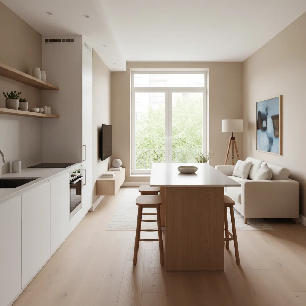 Plano abierto de cocina y sala en casa minimalista pequeña