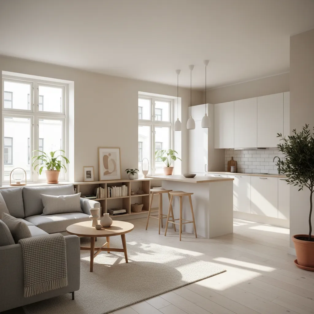 Distribución abierta de salón y cocina en una casa pequeña