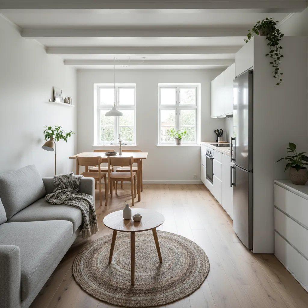 Interior de casa pequeña con salón, comedor y cocina integrados
