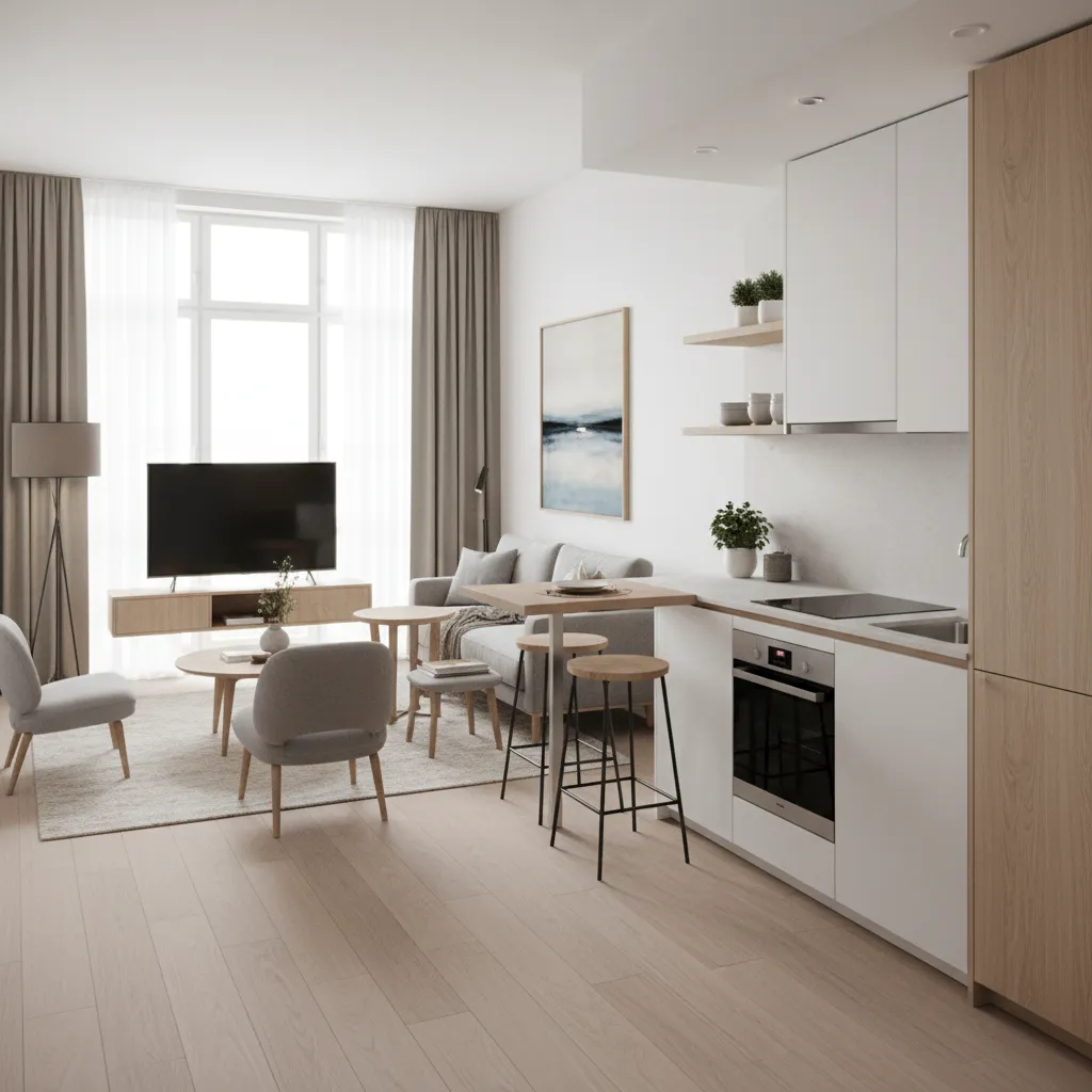 Plano interior abierto de una casa pequeña con cocina y salón conectados