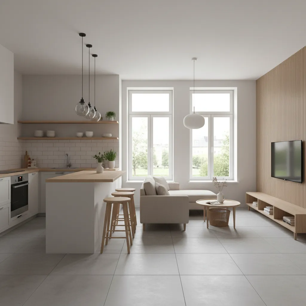 Sala y cocina integradas en una casa pequeña con distribución abierta