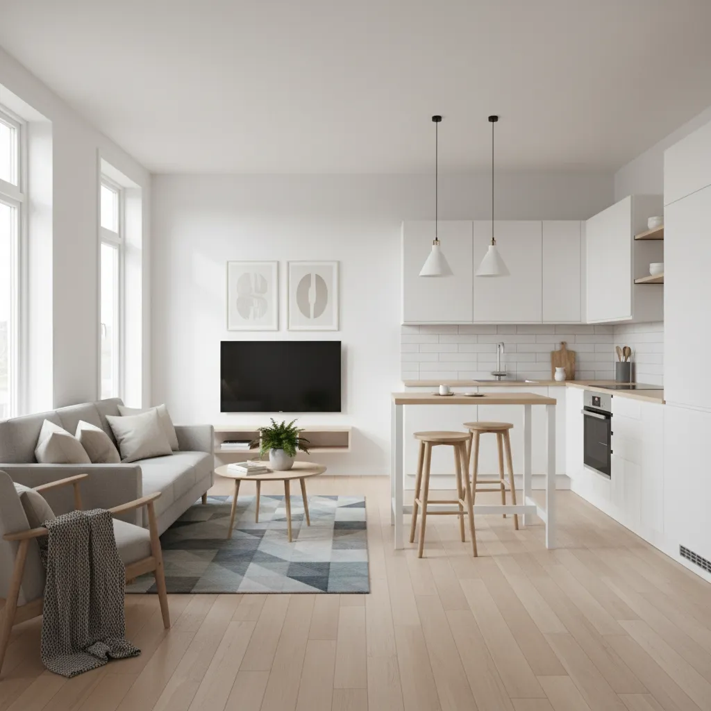 Interior de casa pequeña con cocina y salón en espacio abierto