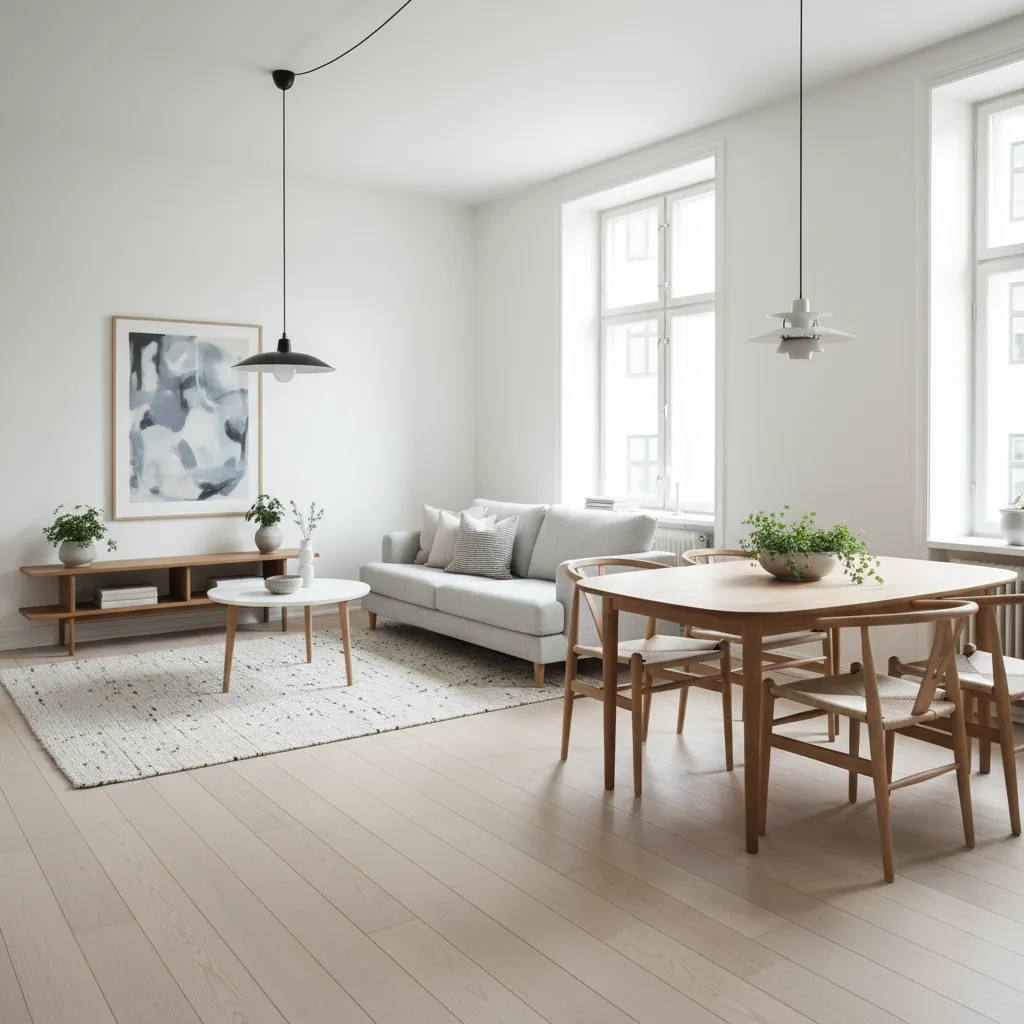 Bright open plan living area with grey sofa, wooden dining table, and light wood flooring