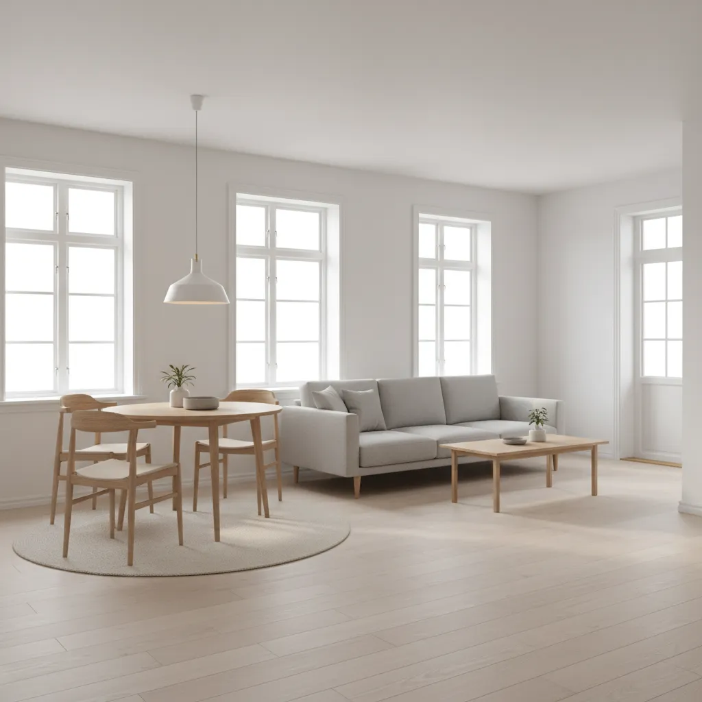 open layout interior of a 750 sq ft house with combined living and dining area