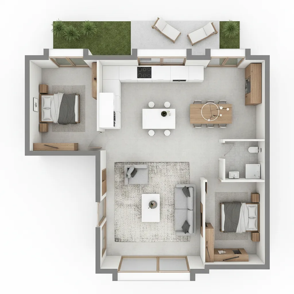 Interior design drawing showing a small house with two bedrooms, kitchen, living room, and bathroom