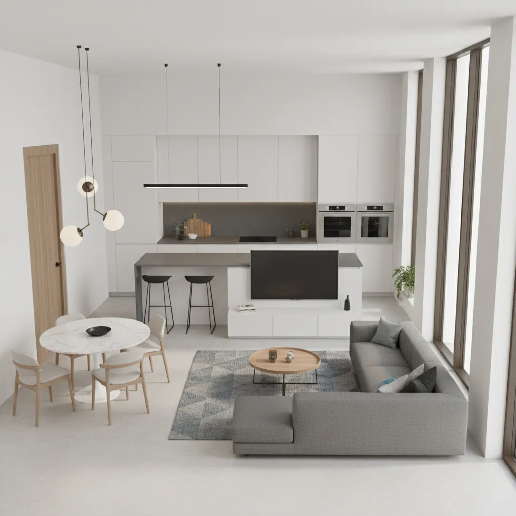 Plano 3D de casa pequeña con sala comedor y cocina integrados