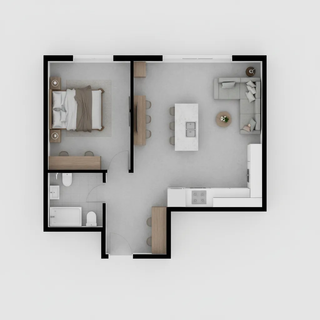 planta baixa com sala e cozinha integradas em casa pequena
