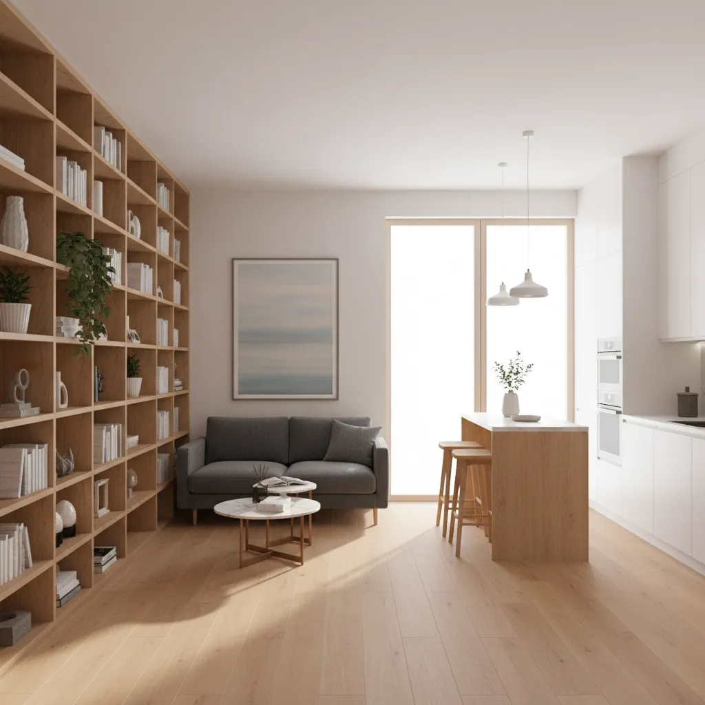 Open layout 960 sq ft house interior with integrated storage walls