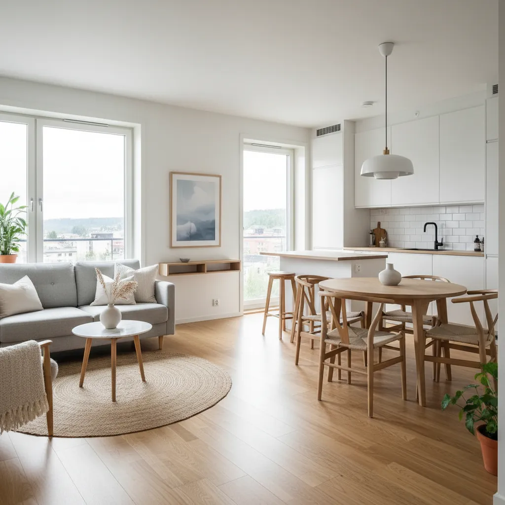 Open plan living room and kitchen with grey sofa wooden dining table and white cabinets