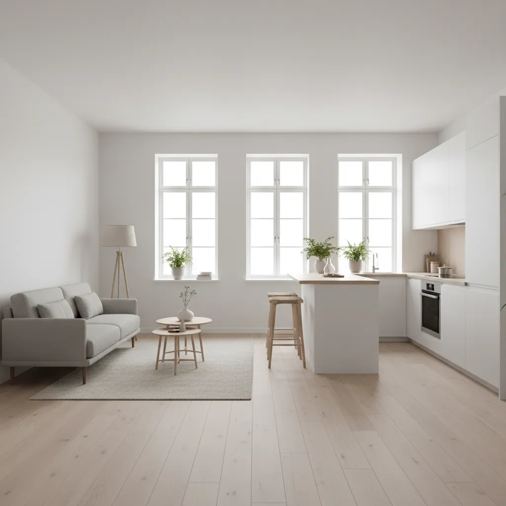 không gian phòng khách bếp liên thông trong nhà 50m2