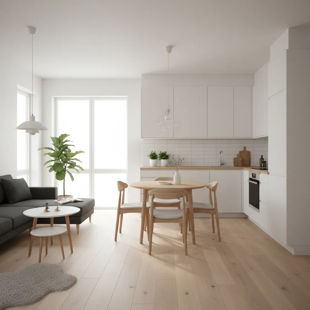Interior de casa pequeña con sala comedor y cocina abierta