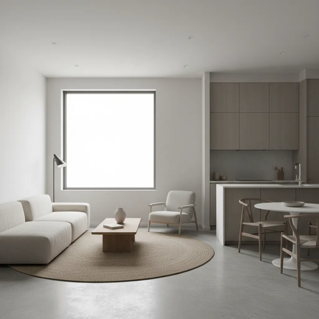 Minimalist open living room with white sofa round rug wooden table and grey kitchen cabinets