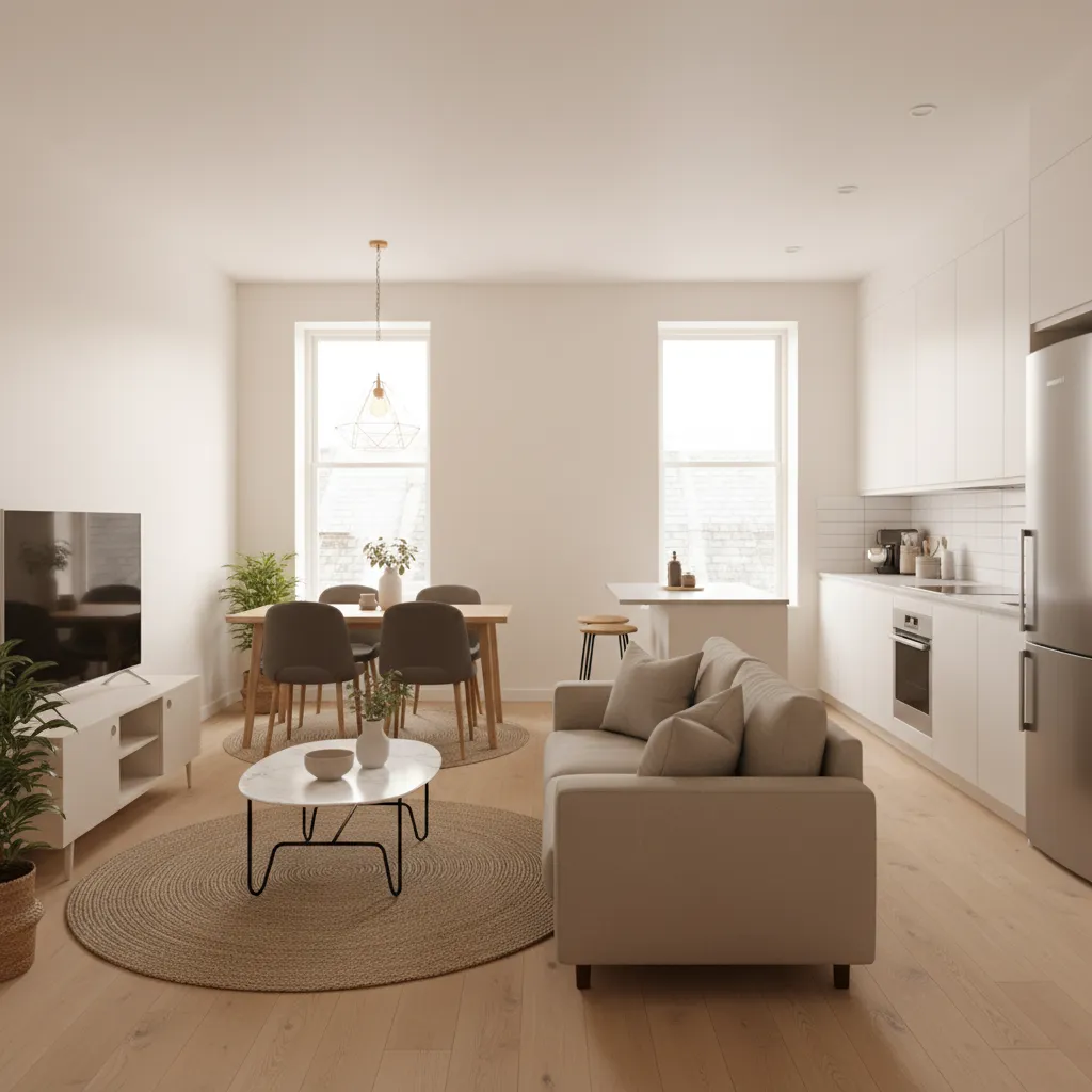 Interior de casa pequeña con sala, comedor y cocina abierta
