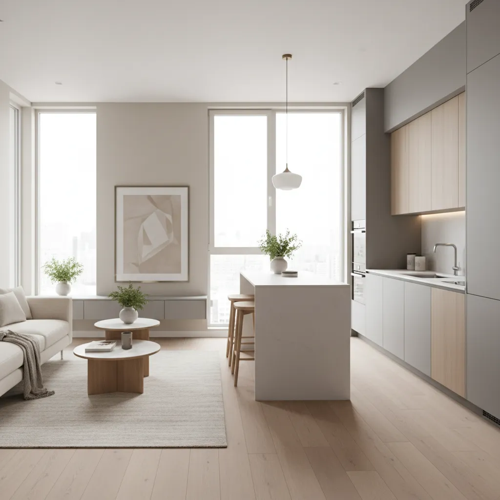 Modern open room with white sofa kitchen island wooden cabinets light flooring and large window