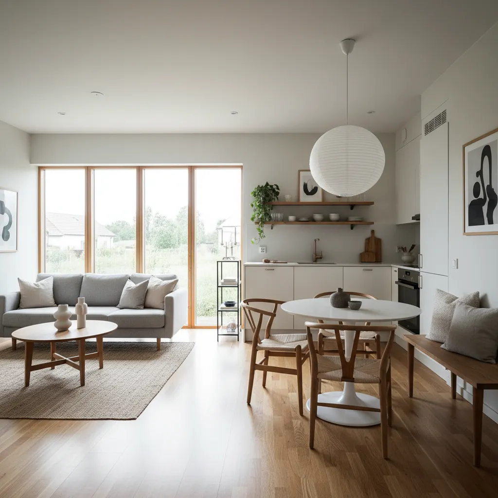 Interior de planta baja abierta con cocina, comedor y sala en casa pequeña