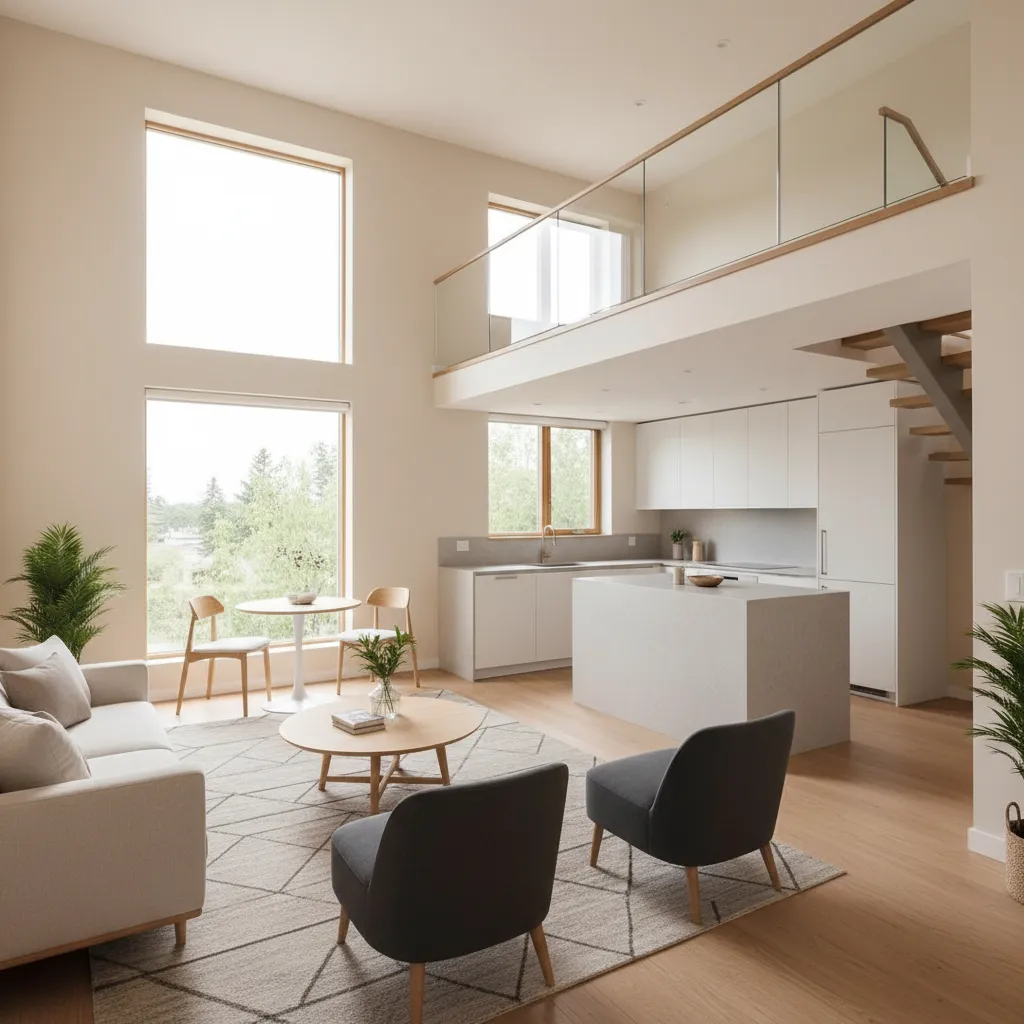 Interior de planta abierta en una casa pequeña de dos pisos con sala y cocina conectadas