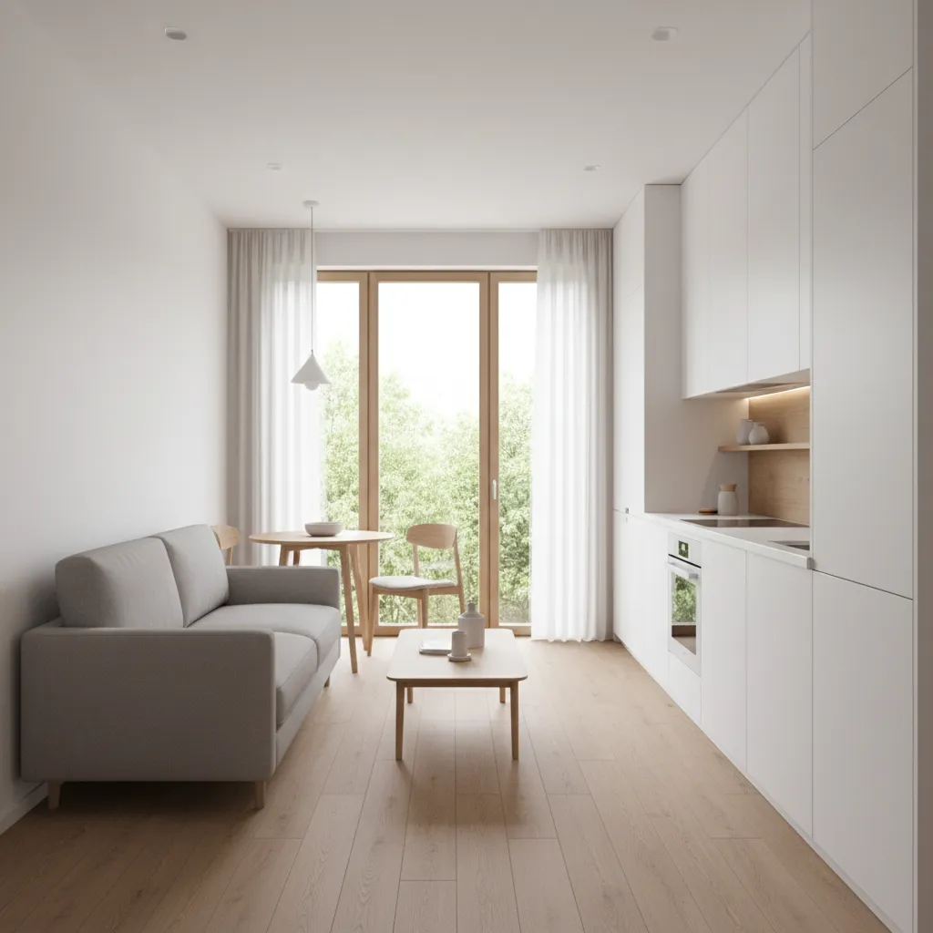 Minimalist studio apartment with grey sofa wooden dining table white kitchen and large glass door