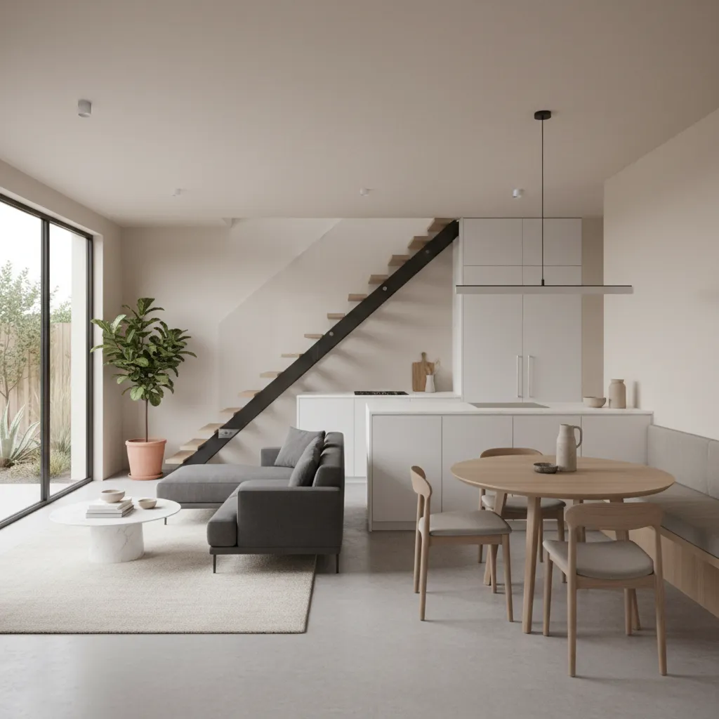 Interior de casa pequeña con sala comedor y cocina integrados